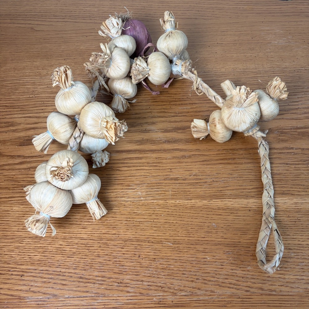 Vintage Braided Husk Garlic and Onion Hanging Kitchen Decor 26 Inch Rustic